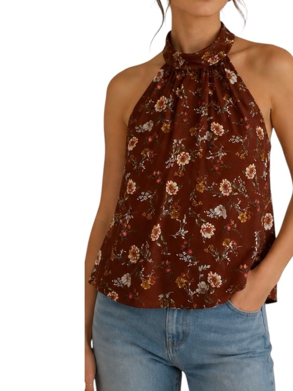 Vintage Brown Satin Floral Halter Neck Sleeveless Blouse Size Medium Coquette